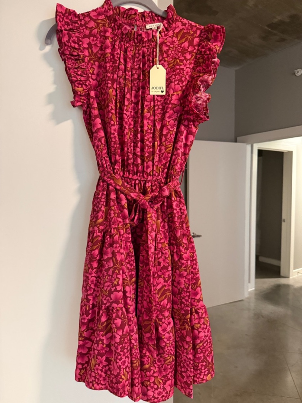 JODIFL Fuchsia Floral Mini Dress with Ruffle Shoulders